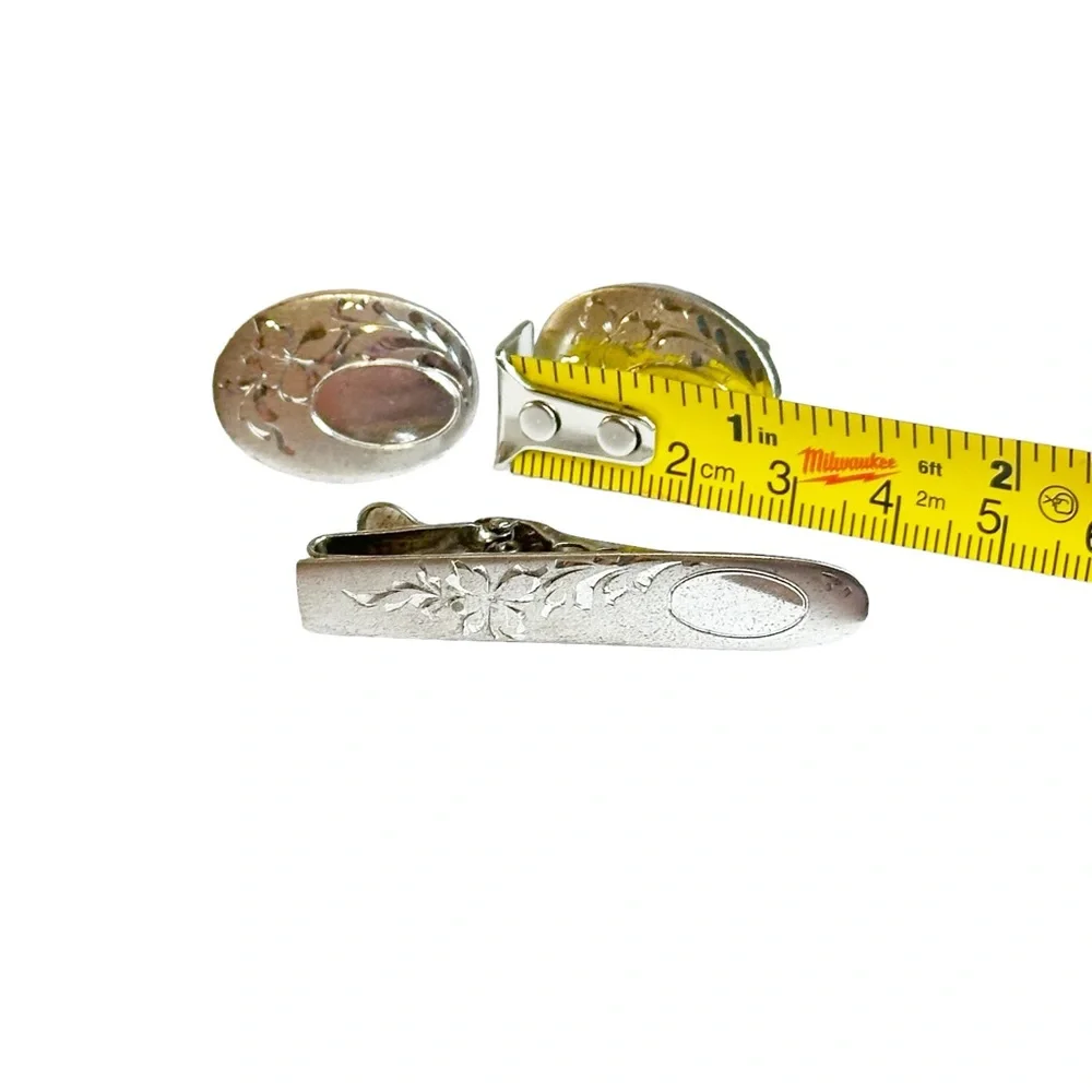 Vanguard Sterling Silver Vintage Floral Personalizable Cuff Links & Tie Clip